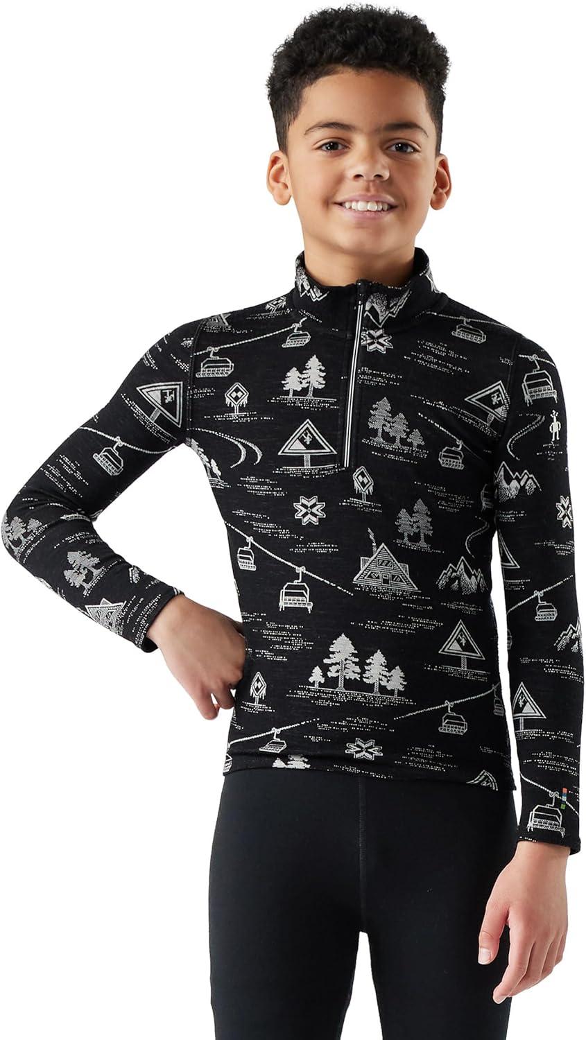 image:imageSmartWool Boys Classic Thermal Merino Base Layer 14 Zip ToddlerLittle KidBig KidBlack Ski Day